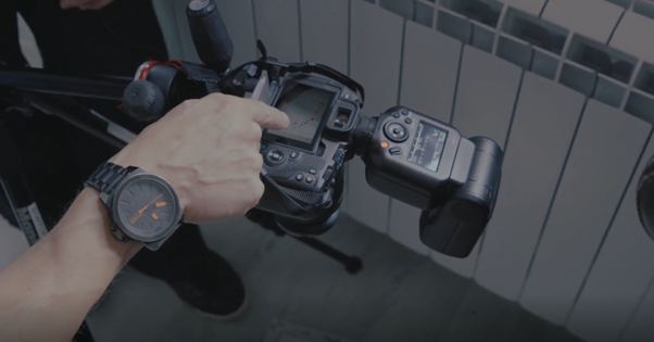 Close-up of a professional camera during training