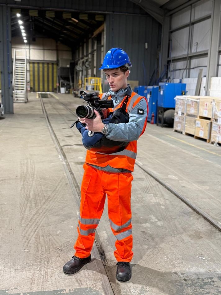 On The Right Tracks production still in railway safety gear