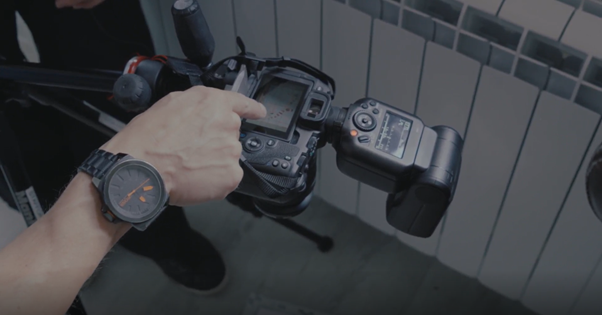 Close-up of a professional camera during training