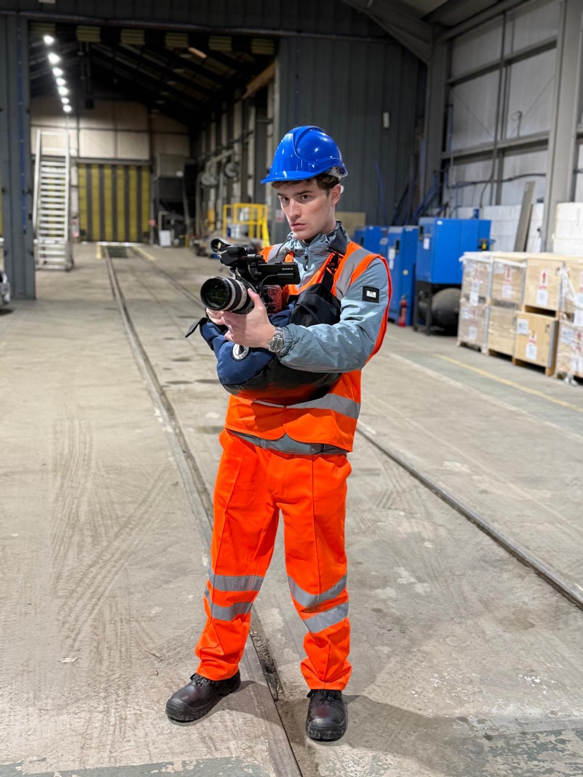 On The Right Tracks production still in railway safety gear